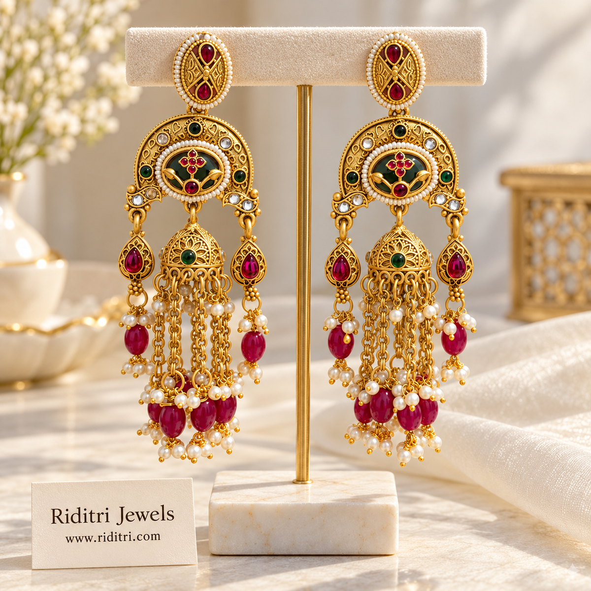 Shringaar Lightweight Copper Jhumka Earrings – Ruby & Green