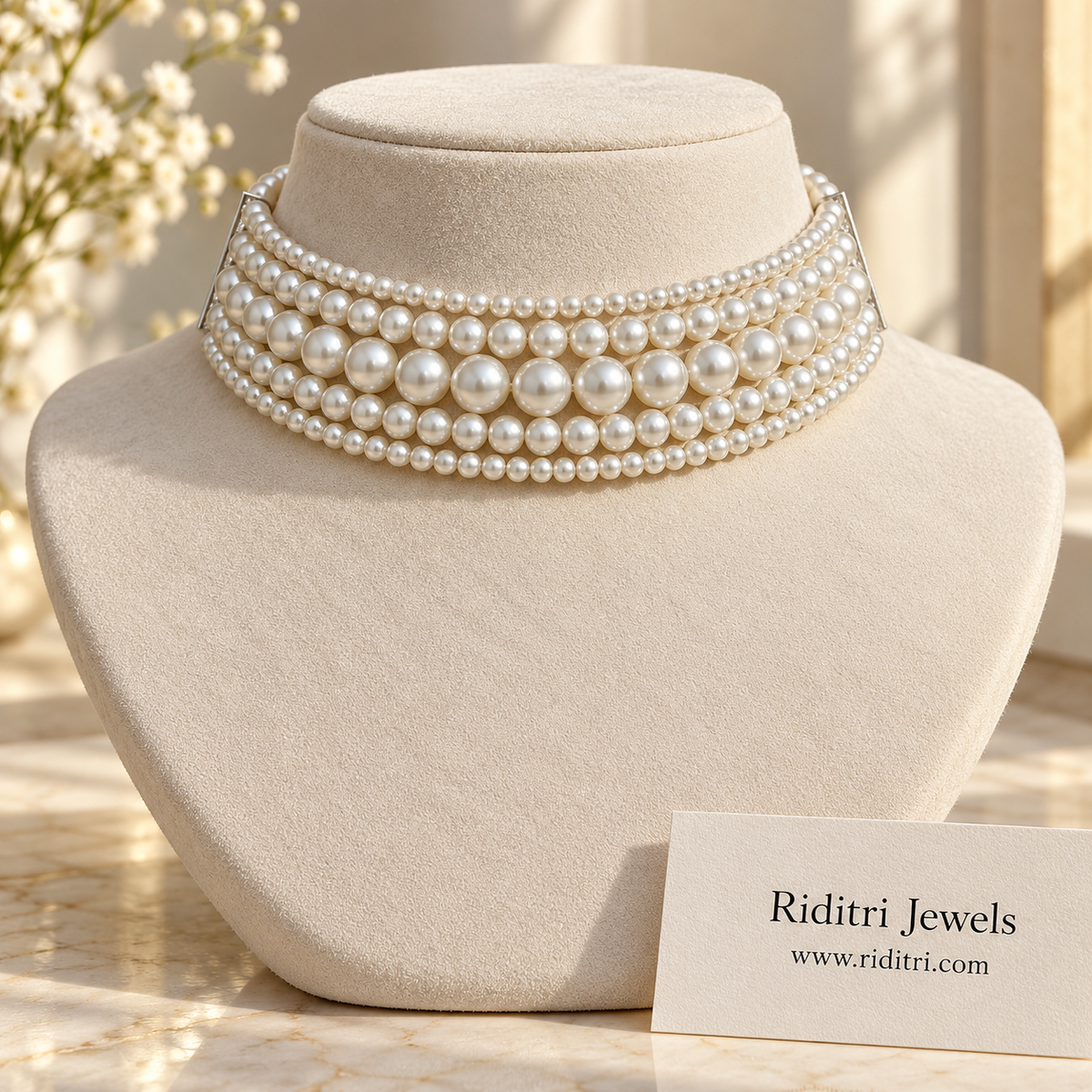 Shweta Layered Pearl Choker Set with Earrings – White