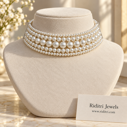 Shweta Layered Pearl Choker Set with Earrings – White