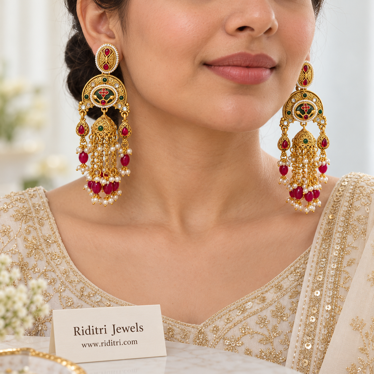 Shringaar Lightweight Copper Jhumka Earrings – Ruby & Green
