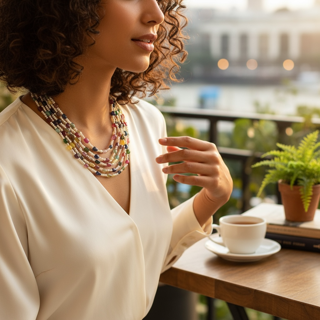 Natural Navratna & Freshwater Pearl Multi-Layer Necklace