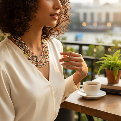 Natural Navratna & Freshwater Pearl Multi-Layer Necklace