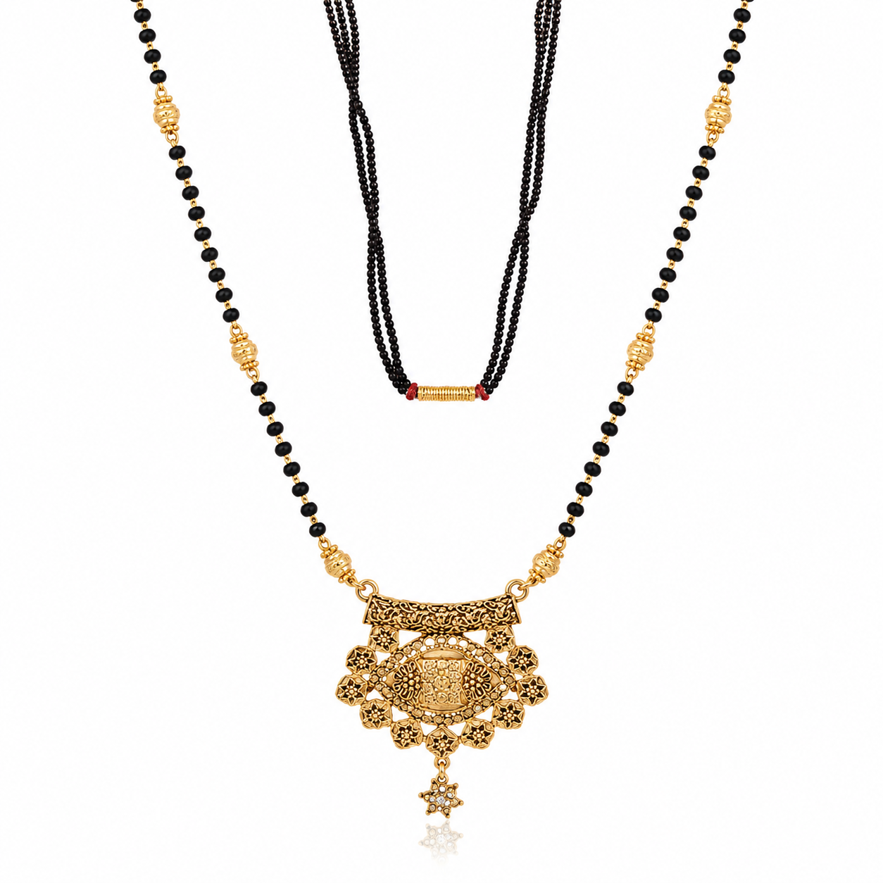 Cz Studded Golden Long Mangalsutra with engraved flowers design