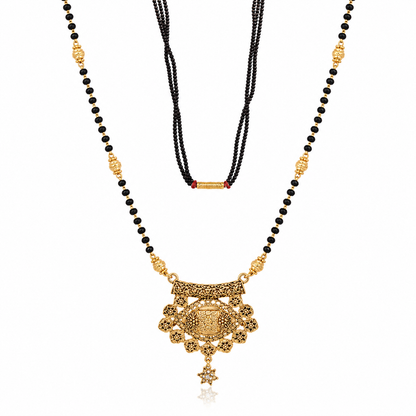 Cz Studded Golden Long Mangalsutra with engraved flowers design