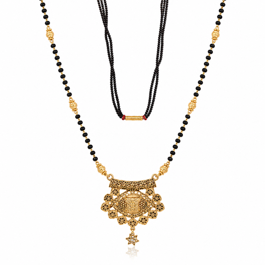 Cz Studded Golden Long Mangalsutra with engraved flowers design