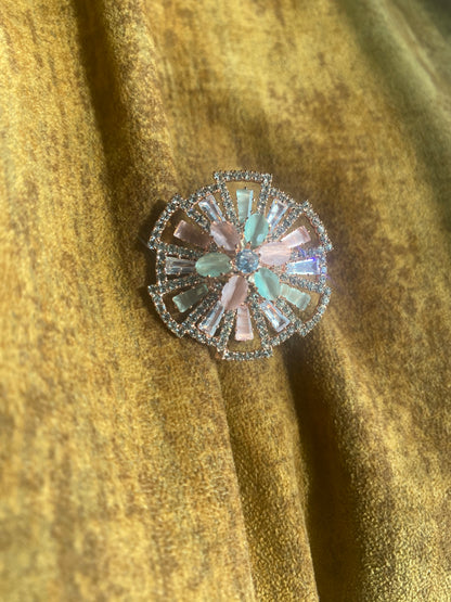 Adjustable American Diamond Ring- Pink and Mint Green Pastel Colors Medium Size