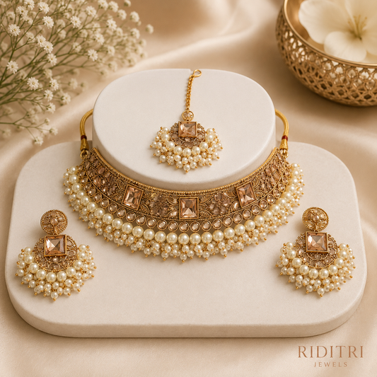 Copper Base Pearl Work Necklace Set