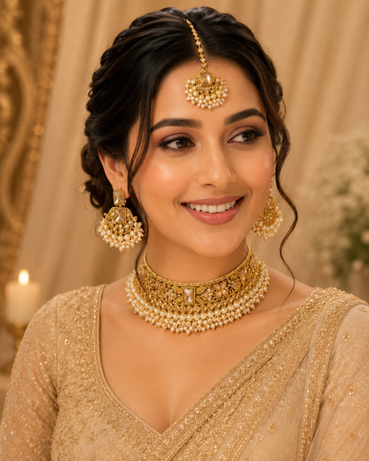 Copper Base Pearl Work Necklace Set
