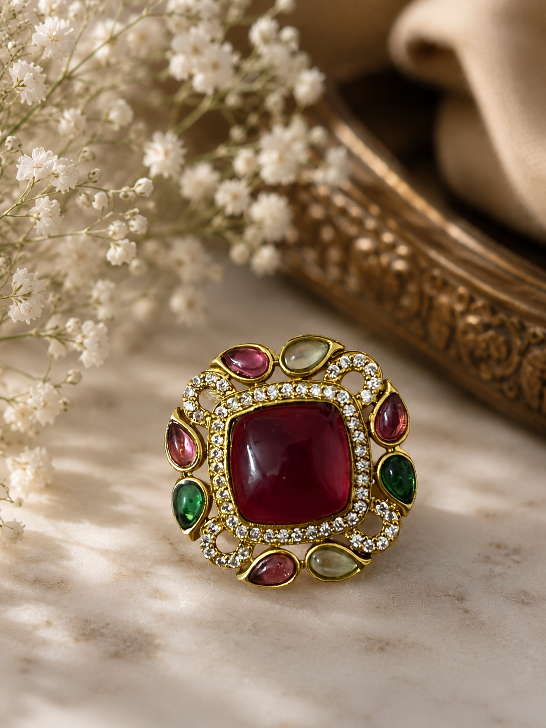 Adjustable Festive Red Multicolor Vanya Ring