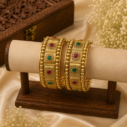 Flower Ruby Broad Gold Bangles