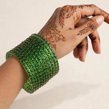 Viral Raindrop Green Glass Bangles- 2 dozen