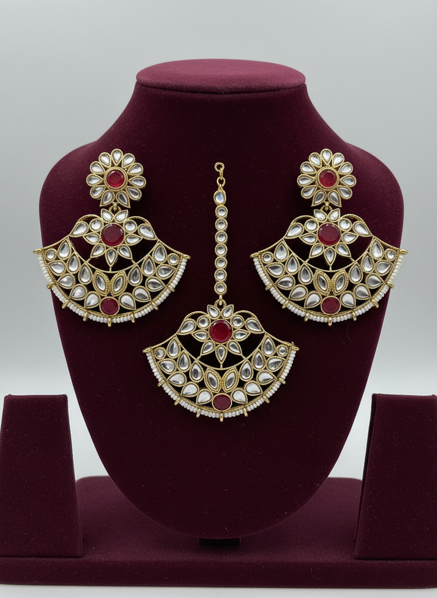 Sayara Red Earrings with Maang Tika