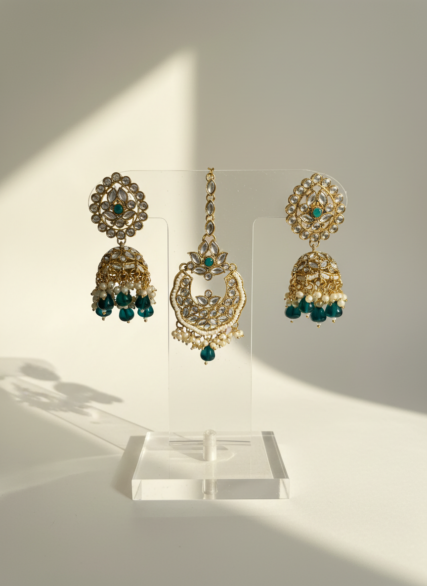 Zara Green Earrings with Maang Tika