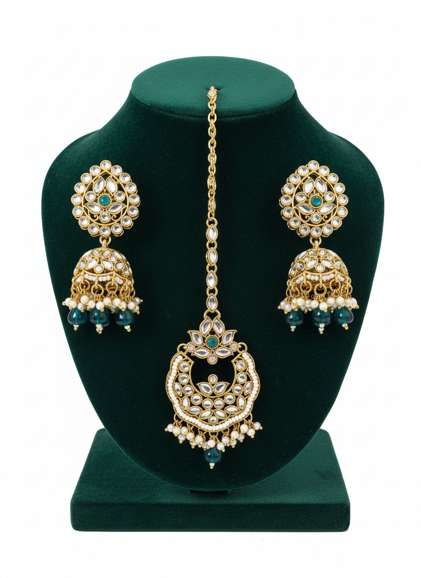 Zara Green Earrings with Maang Tika