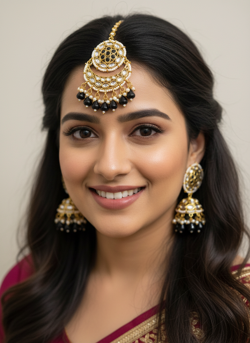 Noora Black Earrings with Maang Tika