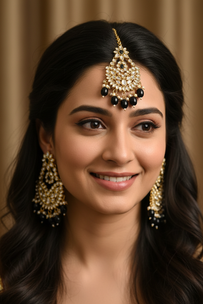 Nazami Black Earrings with Maang Tika