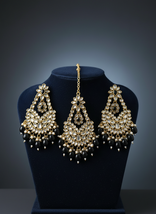 Nazami Black Earrings with Maang Tika