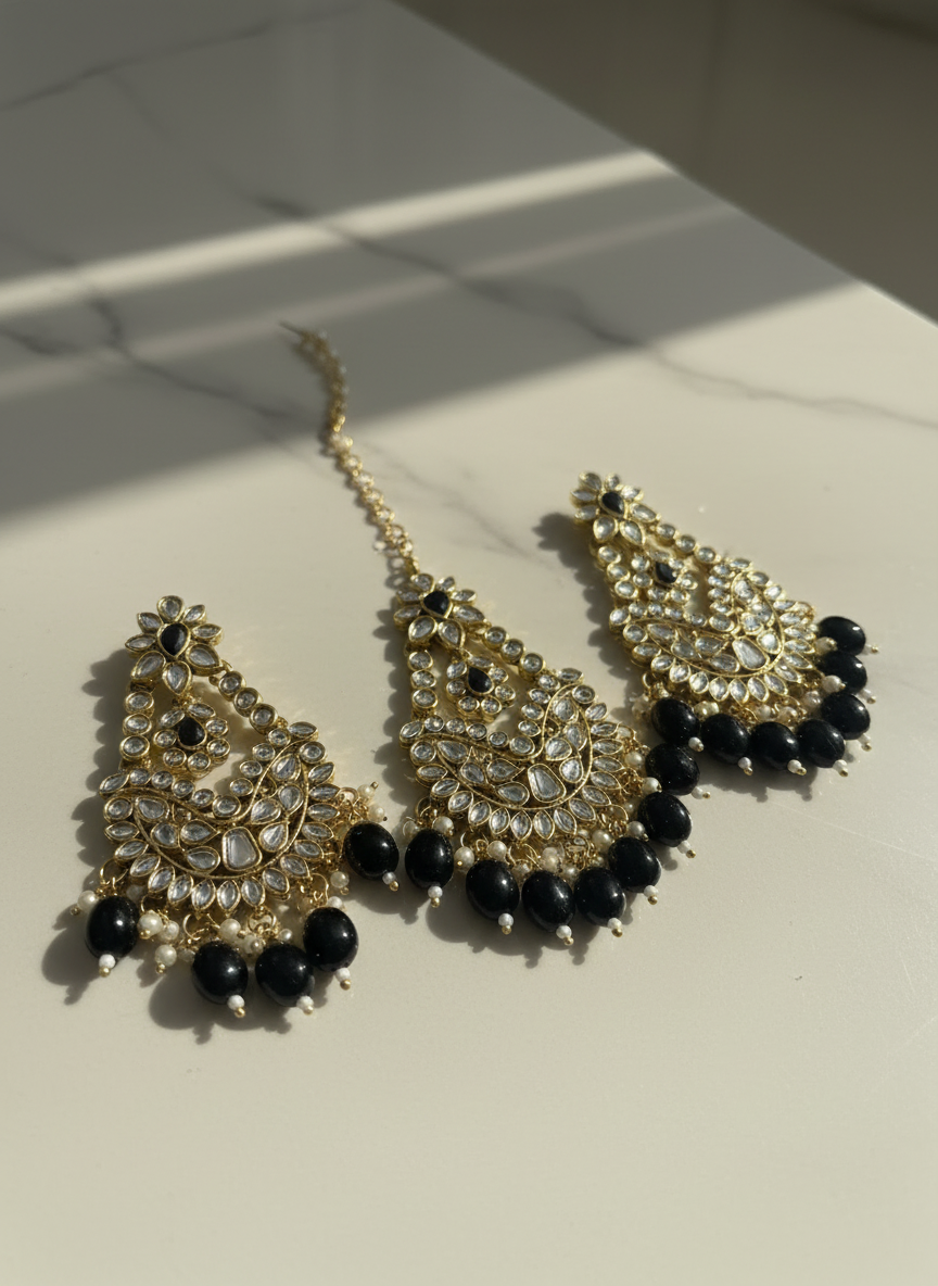 Nazami Black Earrings with Maang Tika