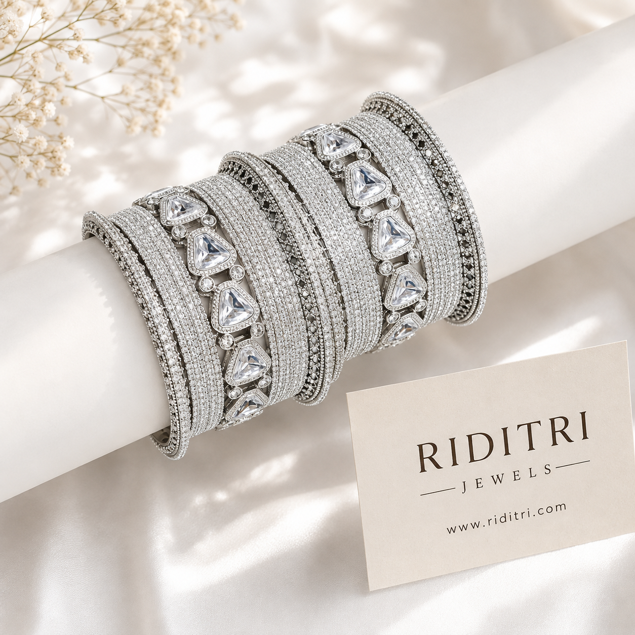AD Kundan Silver Stone Bangles Set