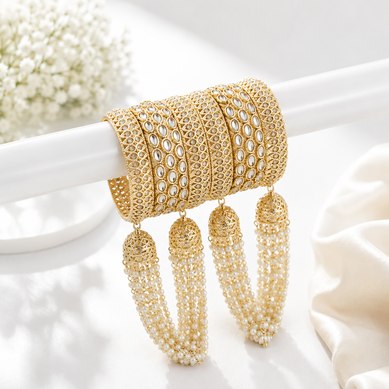 Moti Jhumar Kundan Stone Bangles Set