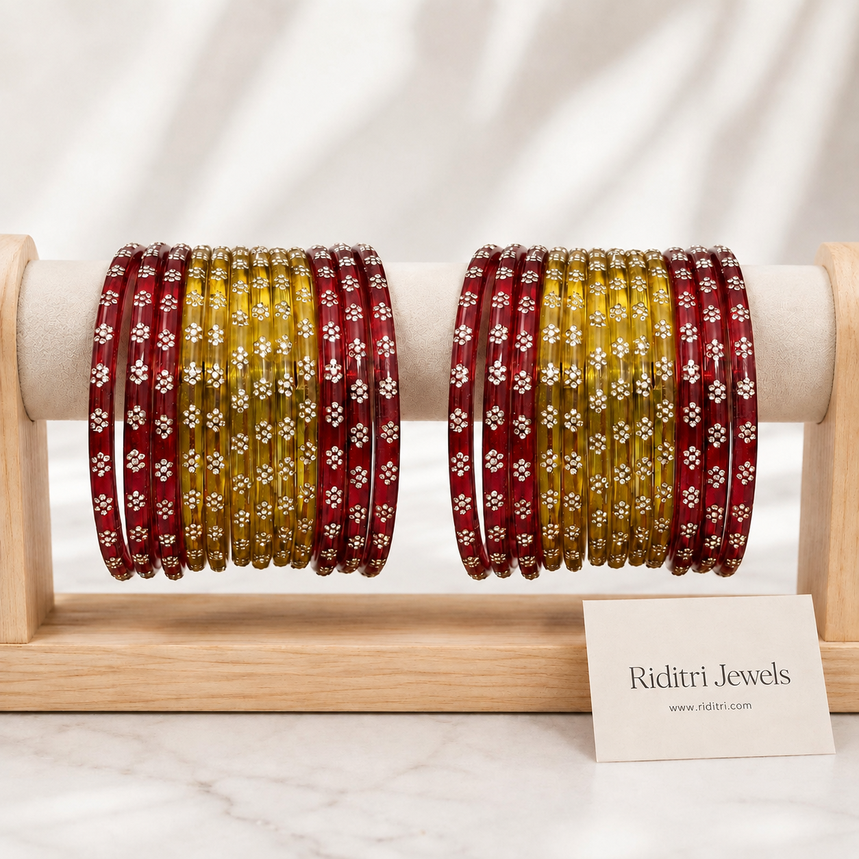 Flower Design Glass Bangles-Red and Golden
