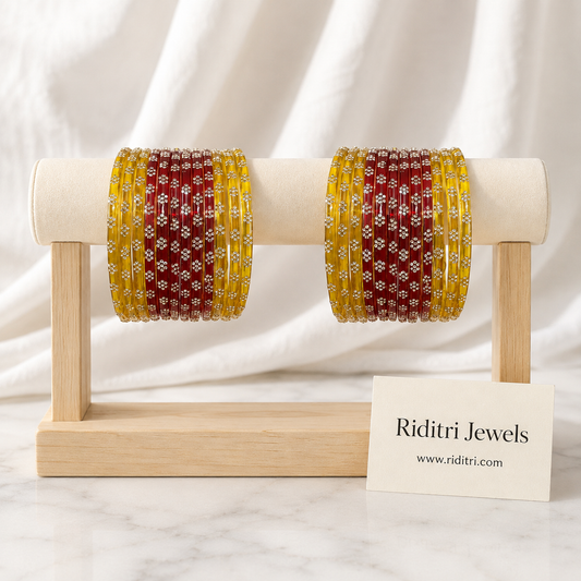 Flower Design Glass Bangles-Red and Golden