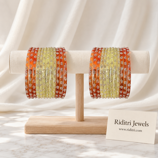 Flower Design Glass Bangles-Orange