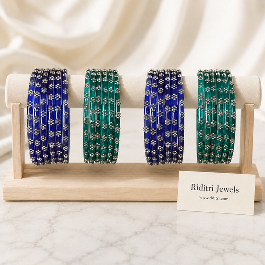 Flower Design Glass Bangles-Blue and Radium