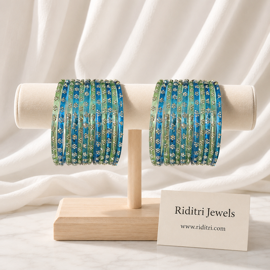 Flower Design Glass Bangles-Blue and Green