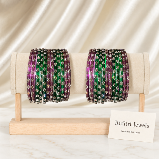 Flower Design Glass Bangles-Wine and Green