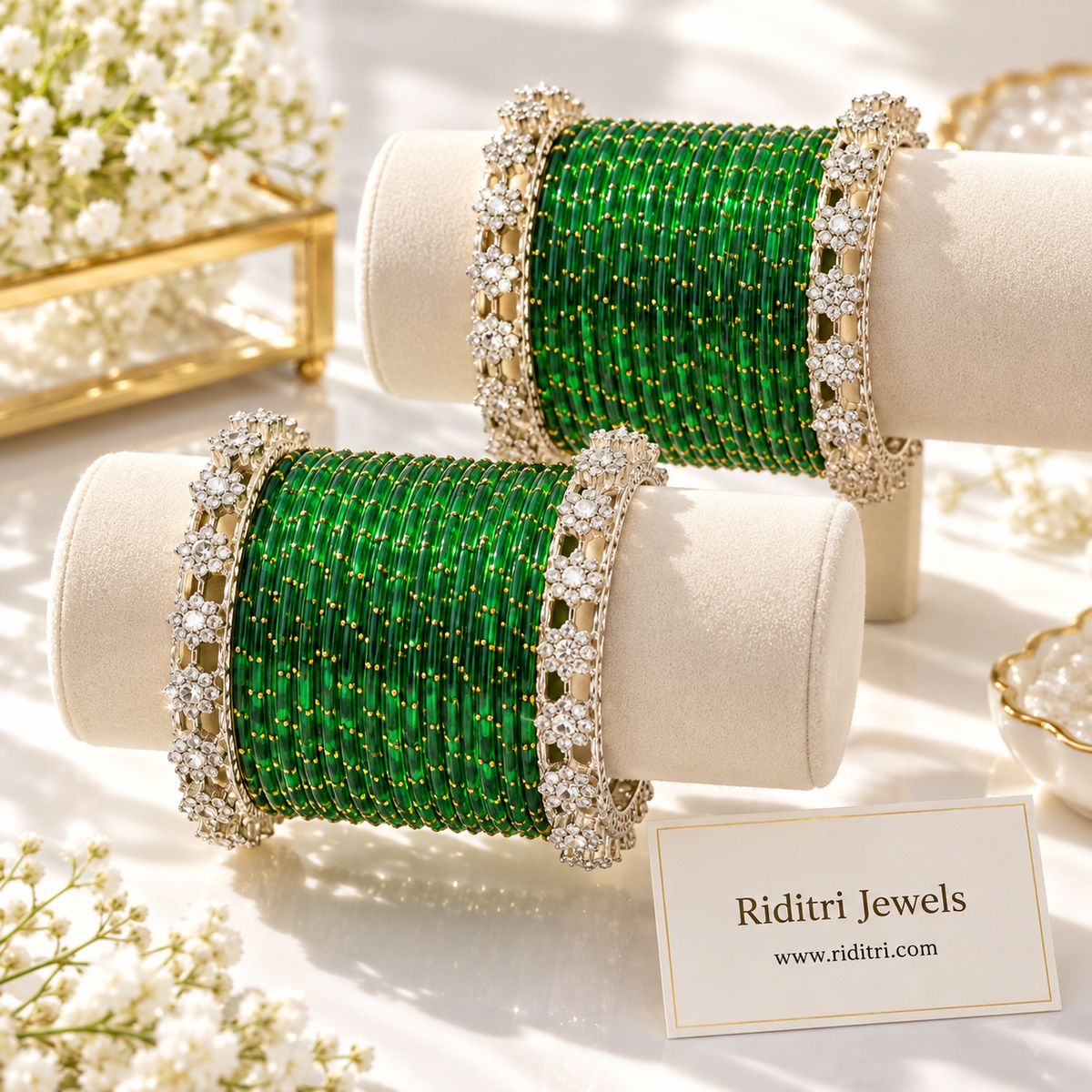 Viral Raindrop Glass Bangle Kada Set-Green