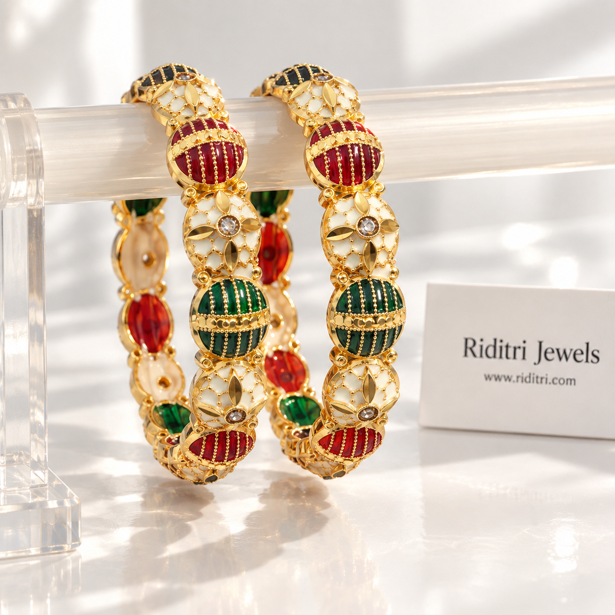 Meenakari Ruby Green Gold Plated Bangles-Set of 2