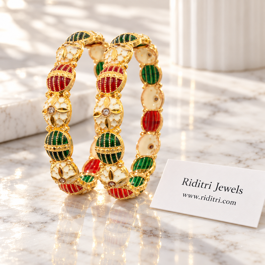 Meenakari Ruby Green Gold Plated Bangles-Set of 2