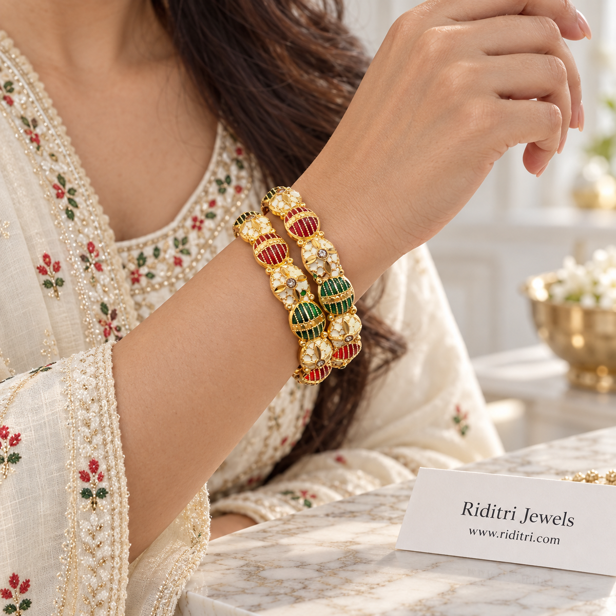 Meenakari Ruby Green Gold Plated Bangles-Set of 2