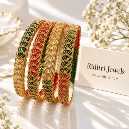 Leafy Red Green Gold Plated Bangles