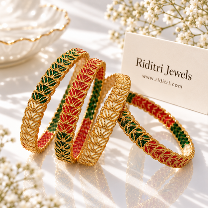 Leafy Red Green Gold Plated Bangles