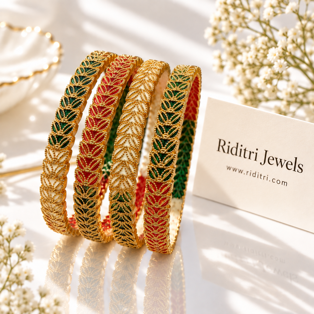 Leafy Red Green Gold Plated Bangles