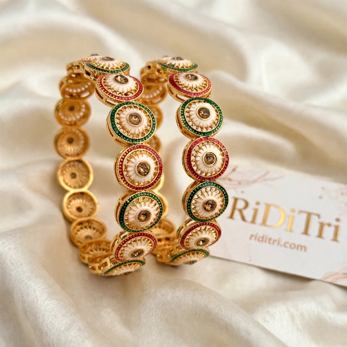 Chakra Red Green Gold Plated Bangles-Set of 2