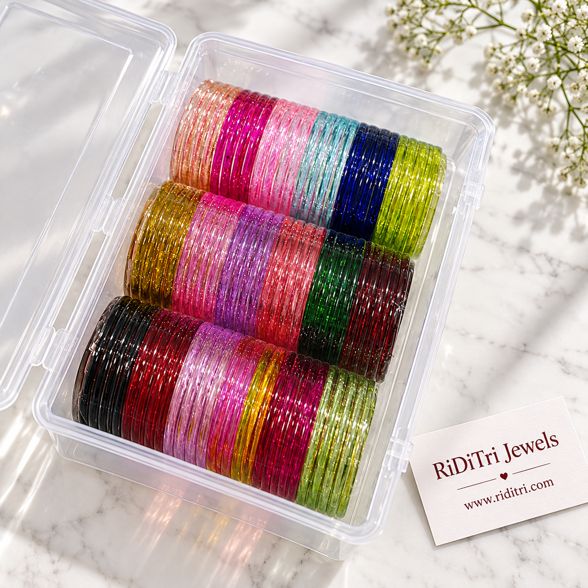 Viral jelly glass bangles set, 72 bangles in 18 colours arranged in a box