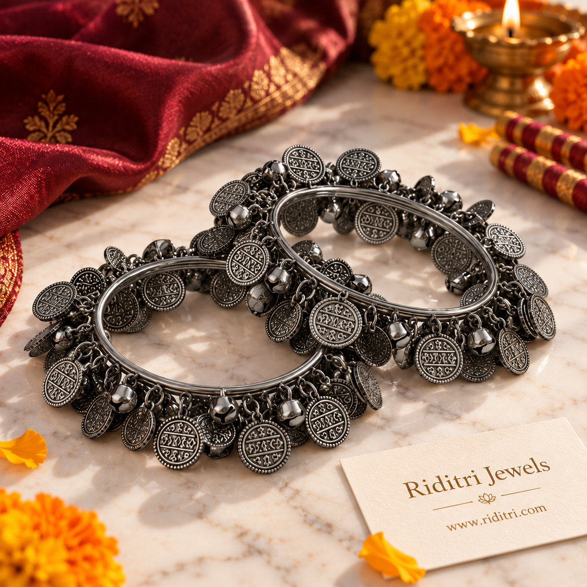Oxidised Grey Ghungru Bangles