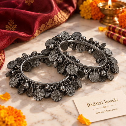 Oxidised Grey Ghungru Bangles