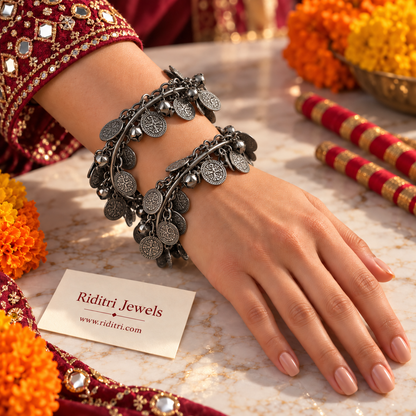 Oxidised Grey Ghungru Bangles