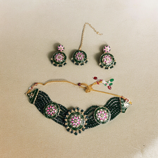 Aavya Green Choker Necklace with Earrings and MaangTika