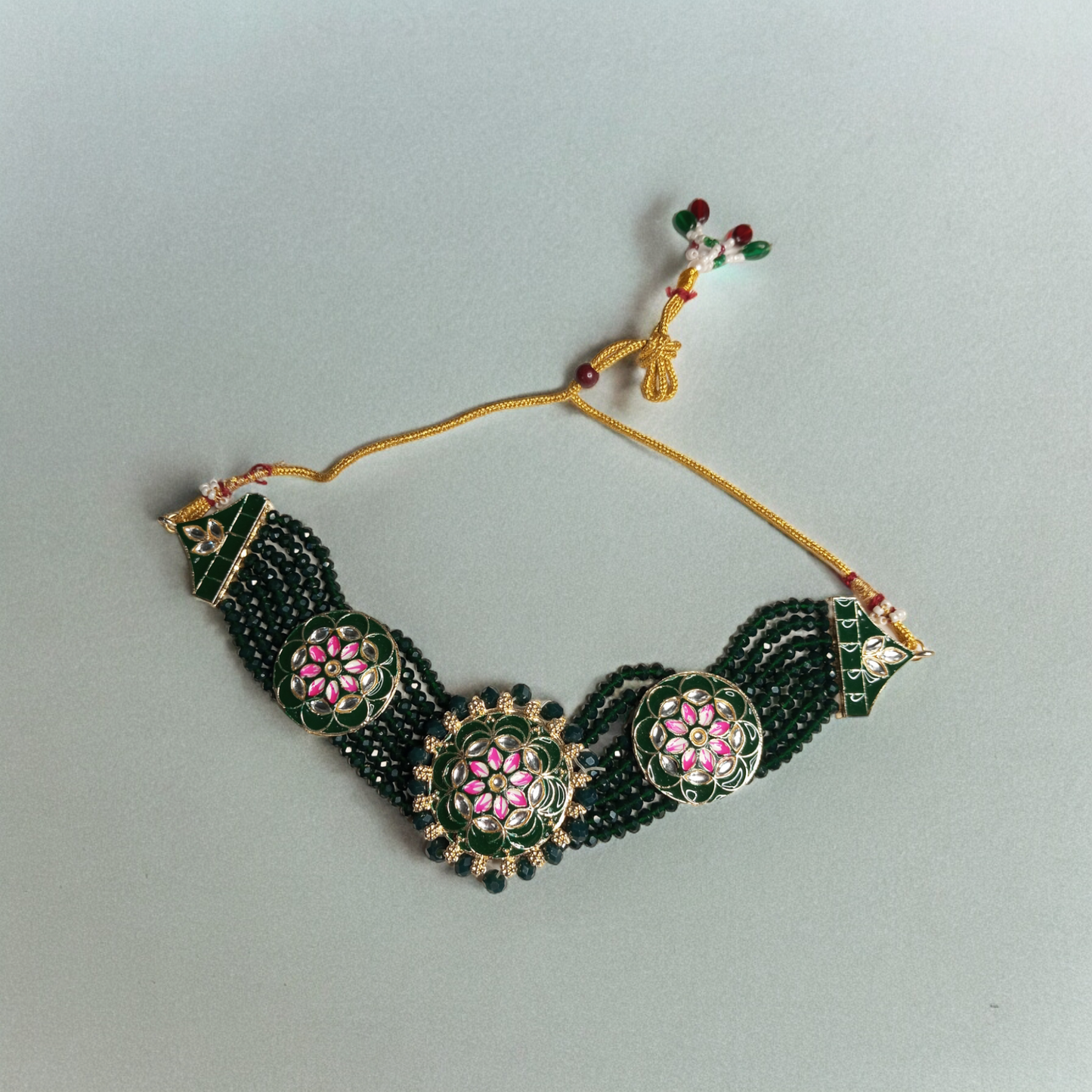 Aavya Green Choker Necklace with Earrings and MaangTika