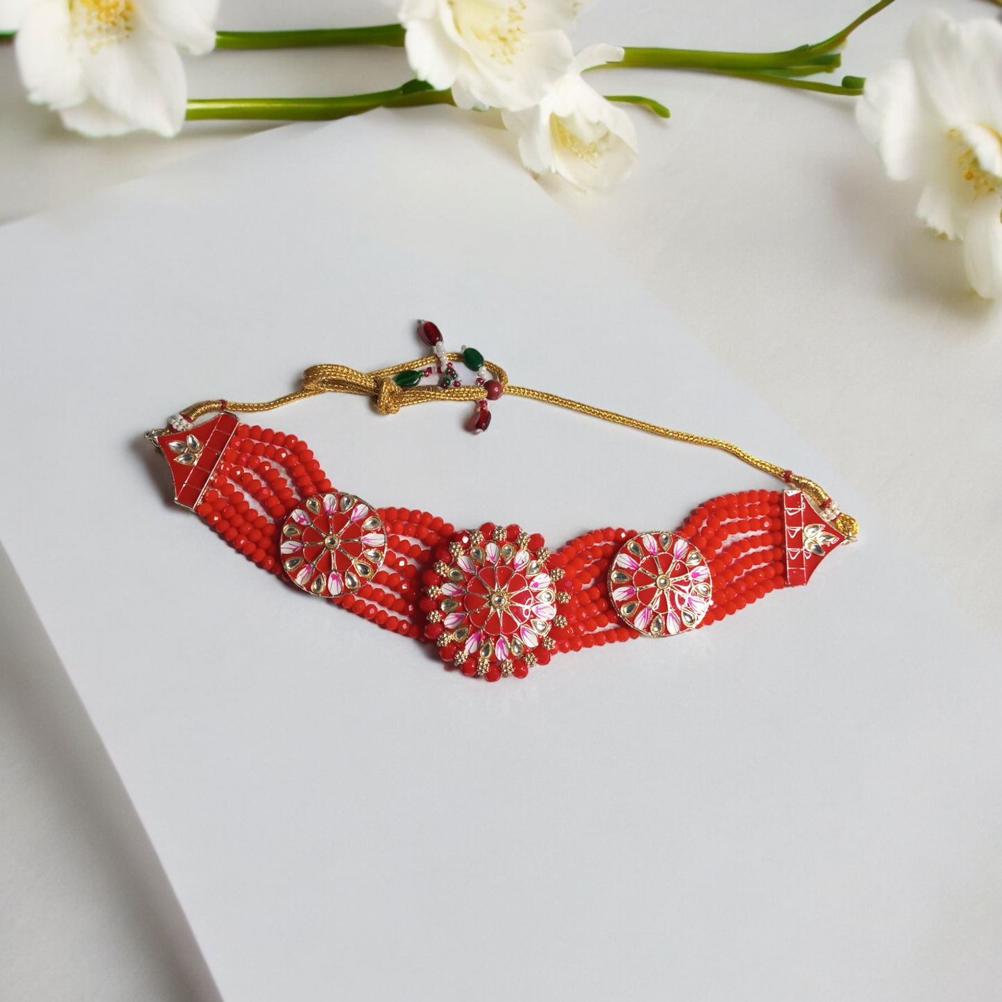 Aavya Red Choker Necklace with Earrings and MaangTika