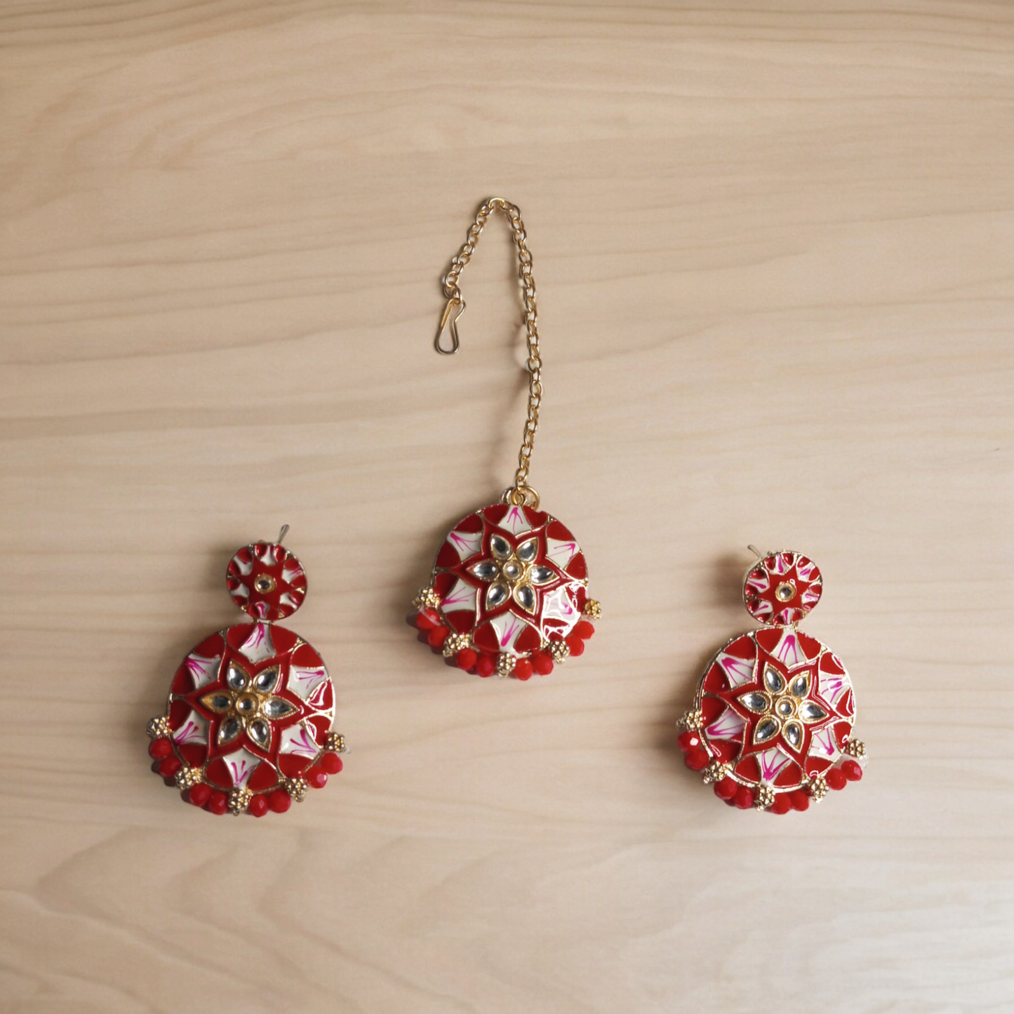 Aavya Red Choker Necklace with Earrings and MaangTika