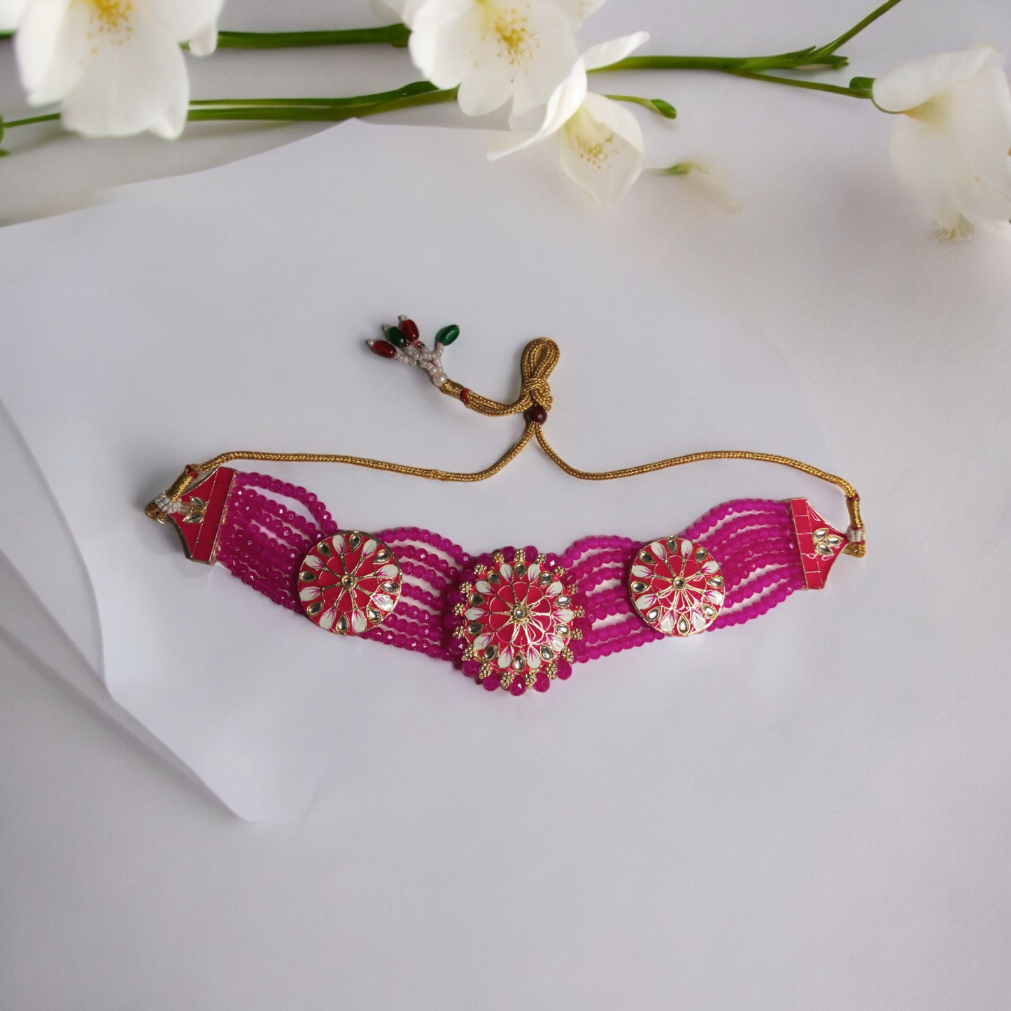 Aavya Rani Pink Choker Necklace with Earrings and MaangTika