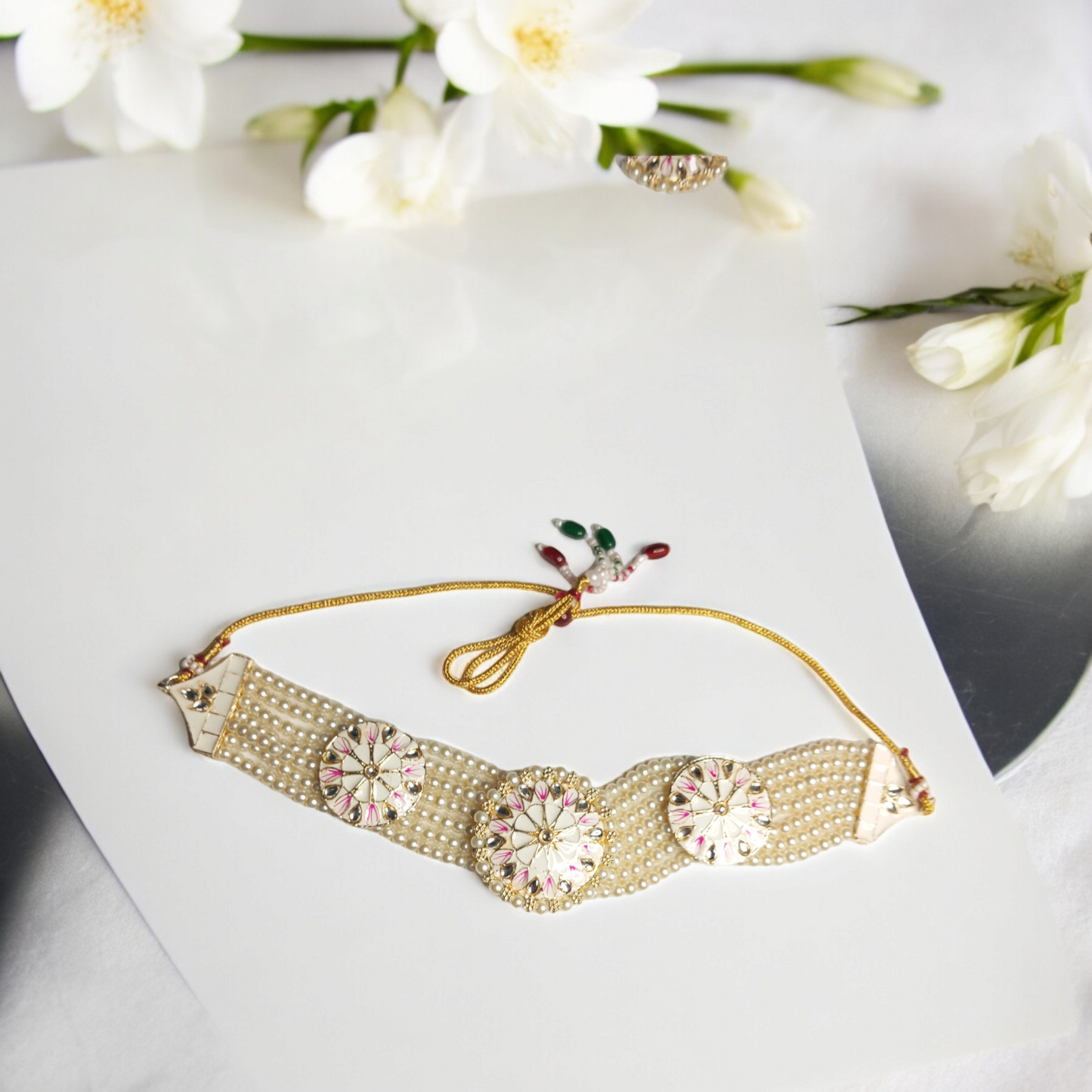 Aavya Off White Choker Necklace with Earrings and MaangTika