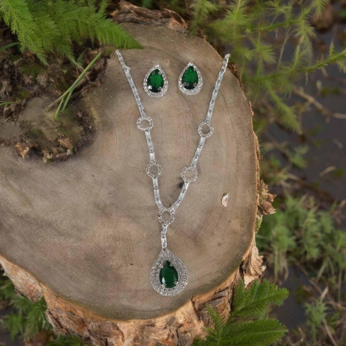 American Diamond Emerald Green Necklace with Earrings