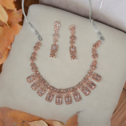 American Diamond Rose Gold Necklace with Earrings